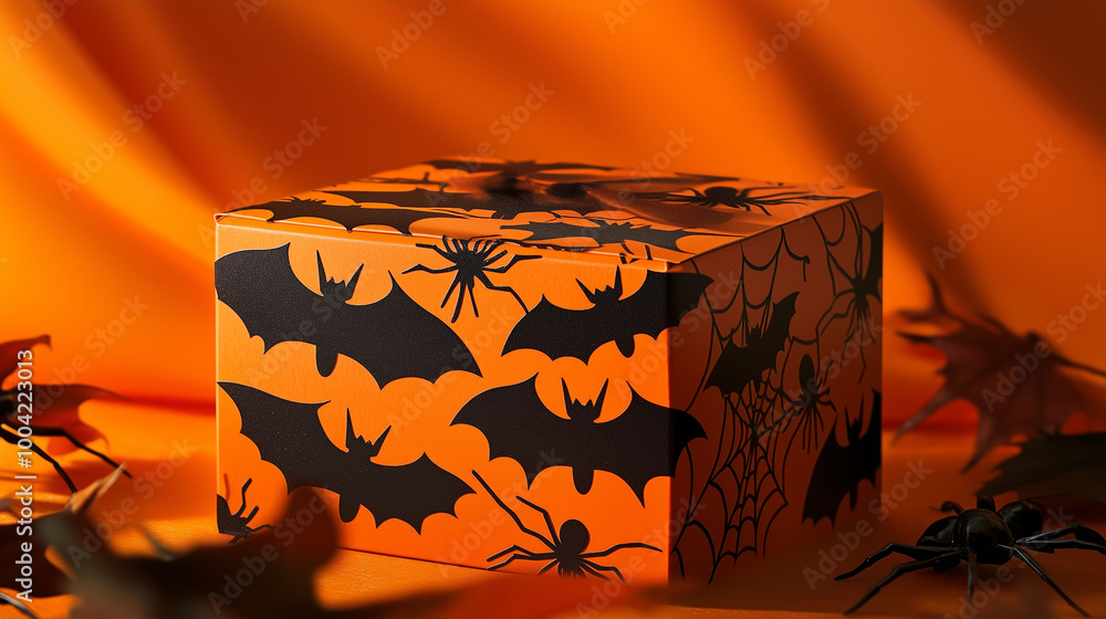A Halloween gift box adorned with black bats and creepy spiders, set against a bold orange backdrop, perfect for spooky festivities and seasonal celebrations
