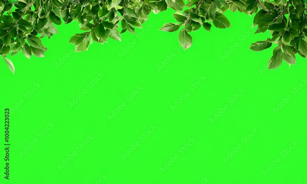 Small leaves create a natural twig frame against a green screen, ideal for enhancing any creative design or presentation Small leaves create a natural twig frame against a green screen, ideal for enhancing any creative design or presentation