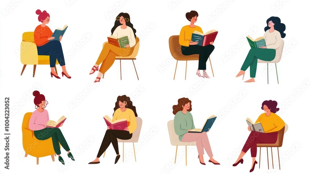 Naklejka premium A diverse group of women of various ethnicities enjoying reading in cozy settings, showcasing different styles and moods.