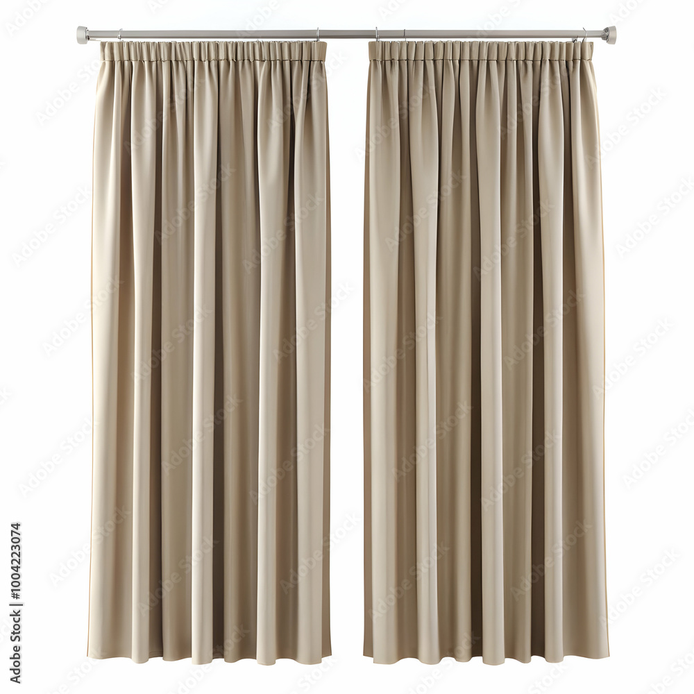 Beige curtains with pleats hanging on a window Beige curtains with pleats hanging on a window