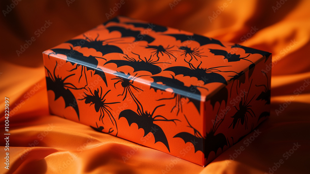 A Halloween gift box adorned with black bats and creepy spiders, set against a bold orange backdrop, perfect for spooky festivities and seasonal celebrations