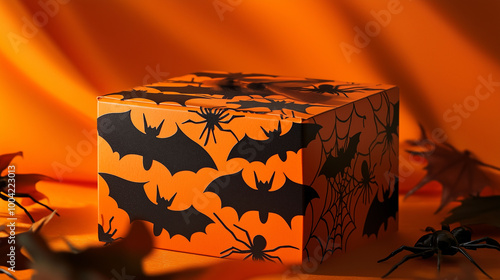 Obraz na płótnie A Halloween gift box adorned with black bats and creepy spiders, set against a bold orange backdrop, perfect for spooky festivities and seasonal celebrations w salonie