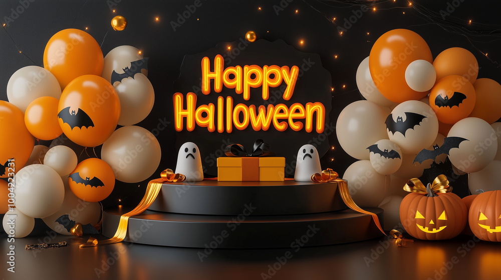 A Halloween display featuring a sleek black podium, ghost and bat balloons, a gift box with deep yellow ribbon, and a glowing Happy Halloween banner