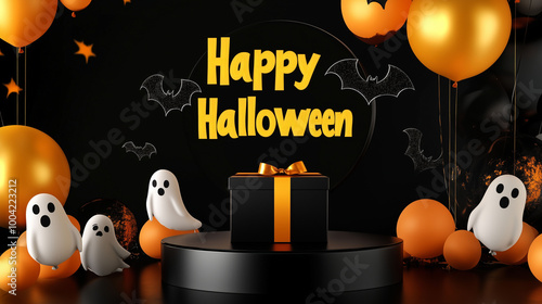 Obraz na płótnie A Halloween display featuring a sleek black podium, ghost and bat balloons, a gift box with deep yellow ribbon, and a glowing Happy Halloween banner w salonie