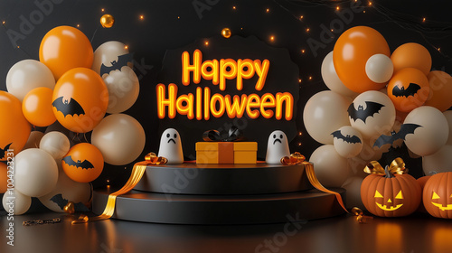 Obraz na płótnie A Halloween display featuring a sleek black podium, ghost and bat balloons, a gift box with deep yellow ribbon, and a glowing Happy Halloween banner w salonie