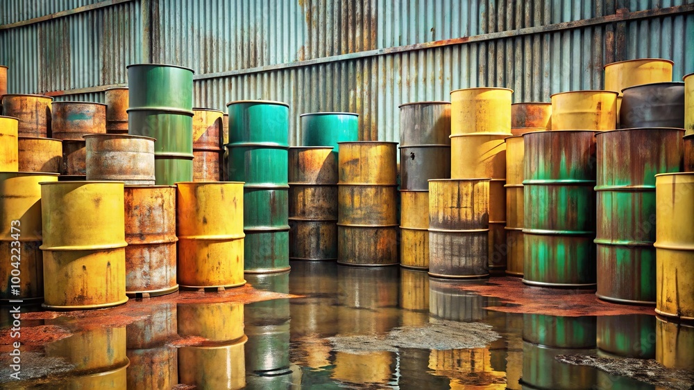 Overflowing toxic site with barrels and containers Overflowing toxic site with barrels and containers