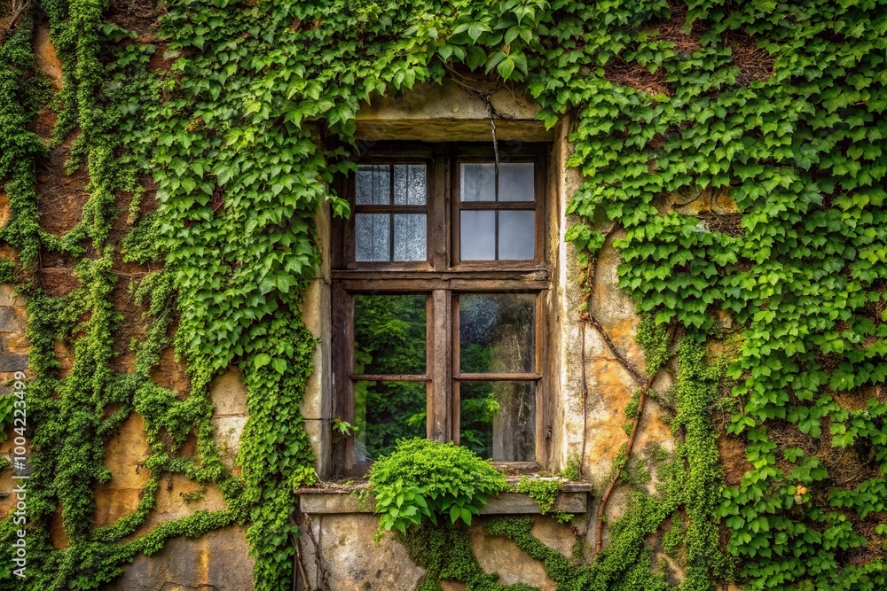 Overgrown ivy covering window of abandoned building Overgrown ivy covering window of abandoned building