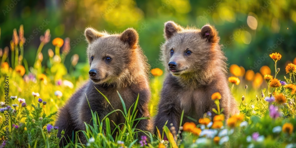Fototapeta premium Adorable Bear Cubs Playing in a Natural Habitat Surrounded by Lush Greenery and Wildflowers