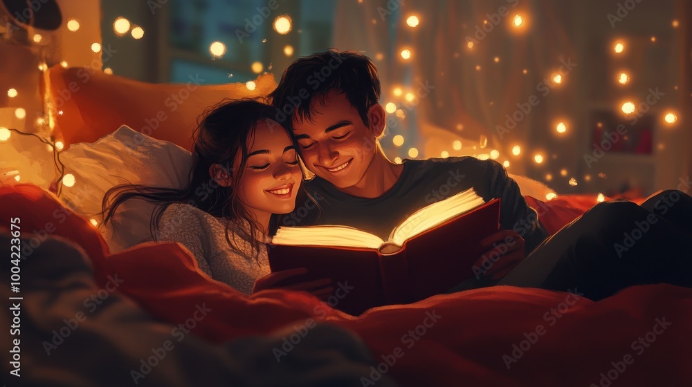A young interracial couple, smiling together while reading a book in a cozy, warmly lit room full of fairy lights. A young interracial couple, smiling together while reading a book in a cozy, warmly lit room full of fairy lights.