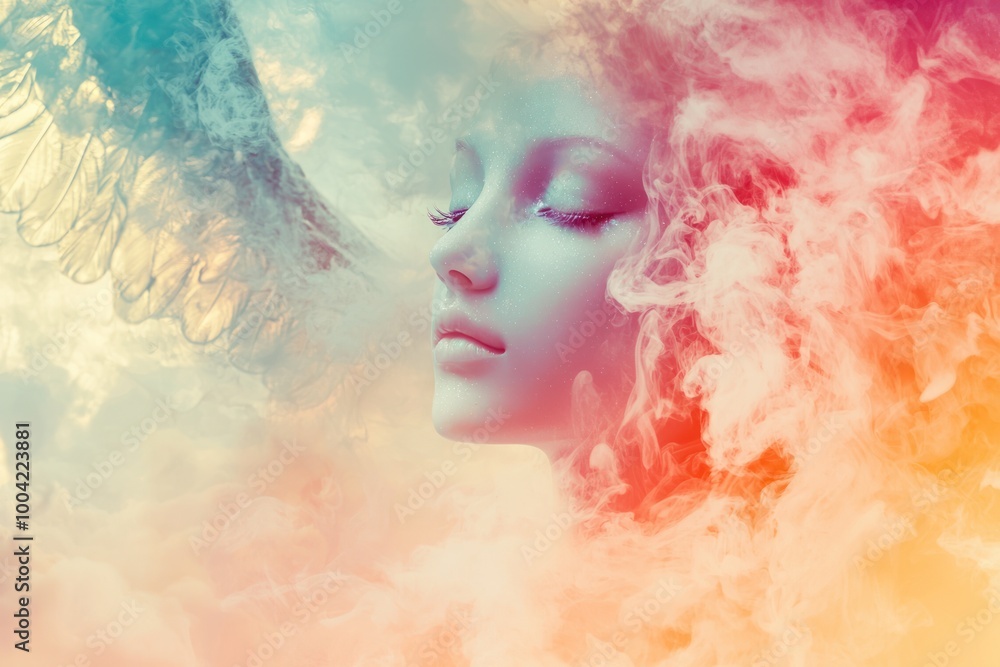 Woman’s head covered with cloud or smoke portrait art photo Woman’s head covered with cloud or smoke portrait art photo