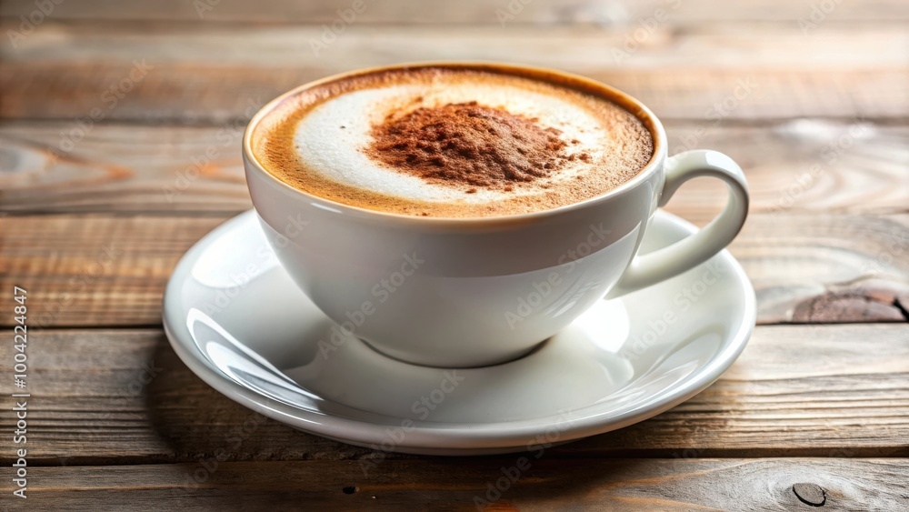 Creamy cappuccino drink in a white cup with frothy milk and cocoa powder Creamy cappuccino drink in a white cup with frothy milk and cocoa powder
