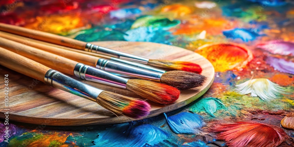 Paint brushes and palette of colors on bright color background Paint brushes and palette of colors on bright color background