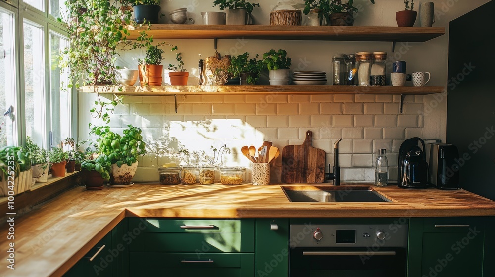 Modern Kitchen with Green Cabinets and Wood Countertop. Modern Kitchen with Green Cabinets and Wood Countertop.