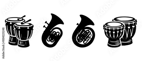 Bongo drums and Tuba silhouette black filled vector Illustration icon