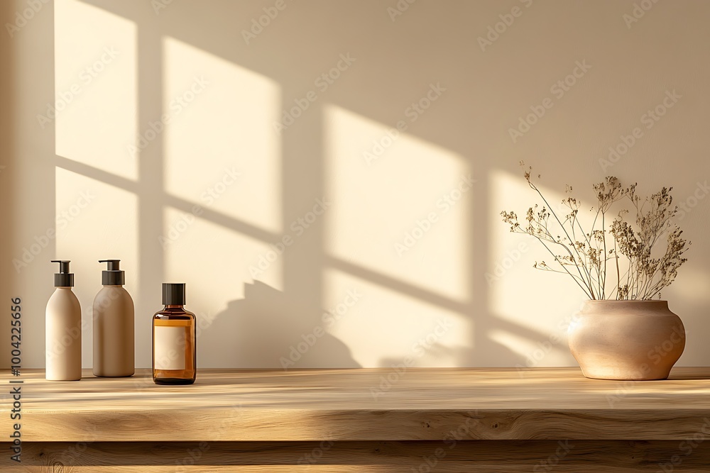 Wooden countertop in the kitchen. Empty product table against a beige wall background. Brown podium for presentation. Interior with a platform for advertising eco-cosmetics. Wooden countertop in the kitchen. Empty product table against a beige wall background. Brown podium for presentation. Interior with a platform for advertising eco-cosmetics.