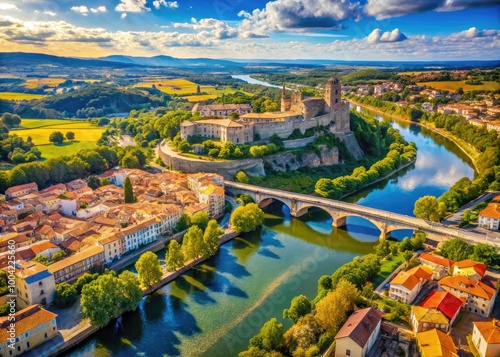 Aerial View of Beziers Town Featuring Scenic River and Bridges in Southern France Landscape