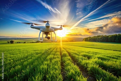 Aerial View of Drone Landing on a Green Field with Clear Blue Sky and Sunlight in the Background