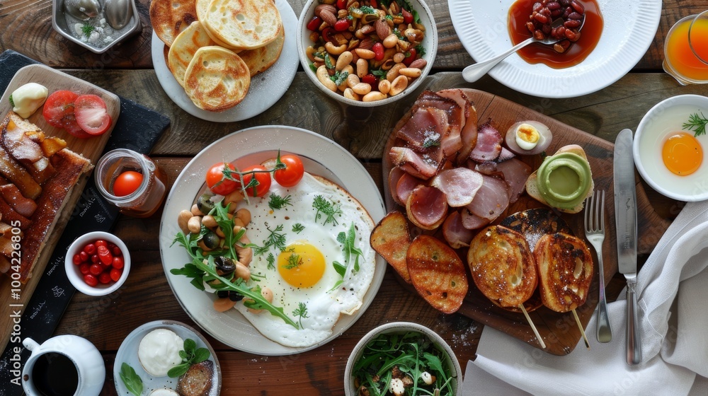Delicious Home Cooked Breakfast Spread with Eggs Bacon Sausage Pancakes and Fresh Ingredients on Rustic Wooden Table Delicious Home Cooked Breakfast Spread with Eggs Bacon Sausage Pancakes and Fresh Ingredients on Rustic Wooden Table