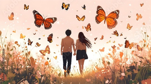 Couple Exploring a Butterfly Garden in Soft Pink Anime Style photo