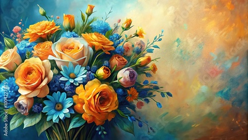 Painting of bouquet of flowers with blue and orange hues, featuring leading lines