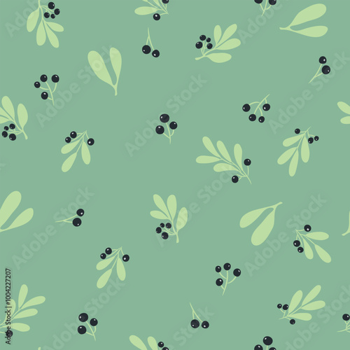 Seamless pattern with black barries and leaves on green backgraund.