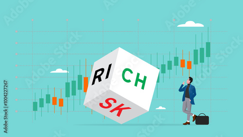 analyze risk to getting rich, risk and rich, investment risk that is parallel to obtaining returns, investment businessman analyzes the cube using risk and rich terms with financial graph background
