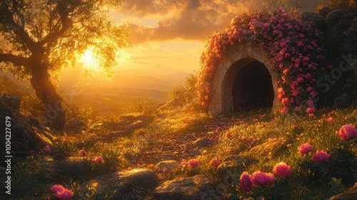 jesuss empty tomb at dawn bathed in golden sunlight symbolizing hope and resurrection the scene is tranquil and reverent with soft colors illuminating the stone and surrounding landscape photo