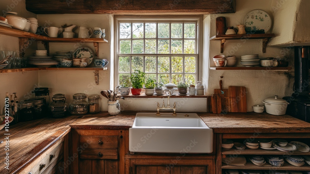 Rustic Kitchen with Wooden Cabinets and Farmhouse Sink. Rustic Kitchen with Wooden Cabinets and Farmhouse Sink.