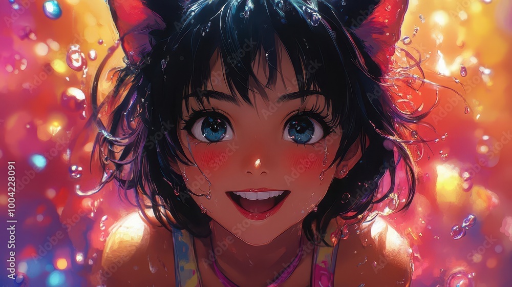 joyful anime girl with cat ears and vibrant clothing smiling brightly against a colorful backdrop radiating happiness and enthusiasm joyful anime girl with cat ears and vibrant clothing smiling brightly against a colorful backdrop radiating happiness and enthusiasm