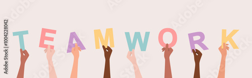Hands of people of different nationalities and skin tones holding up multicolored letters forming the word teamwork. Flat vector illustration