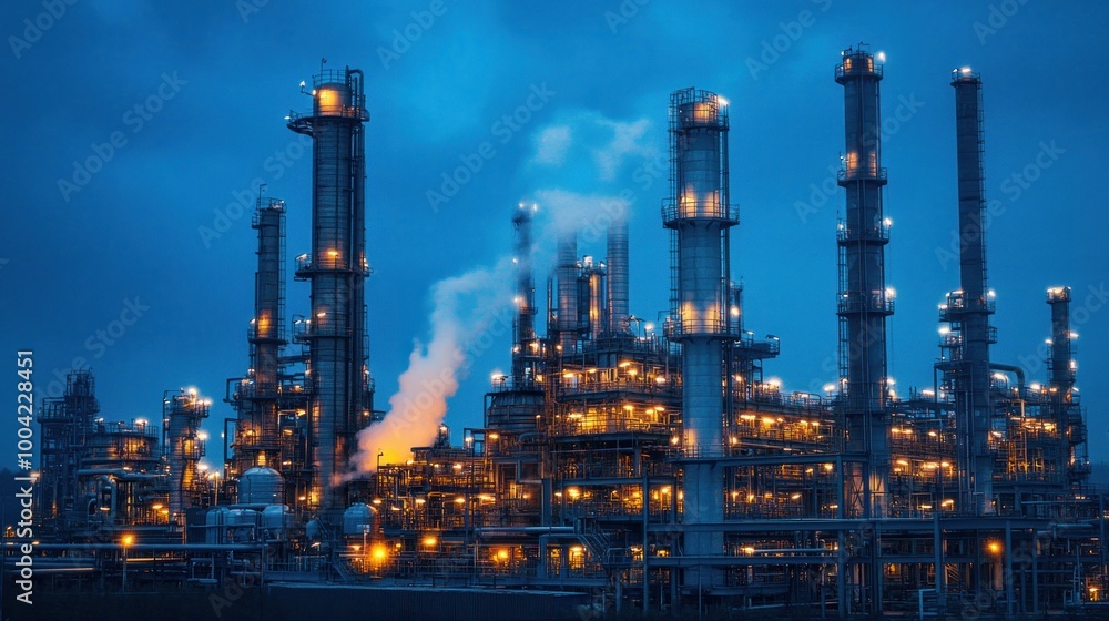 Obraz premium Illuminated Refinery at Dusk