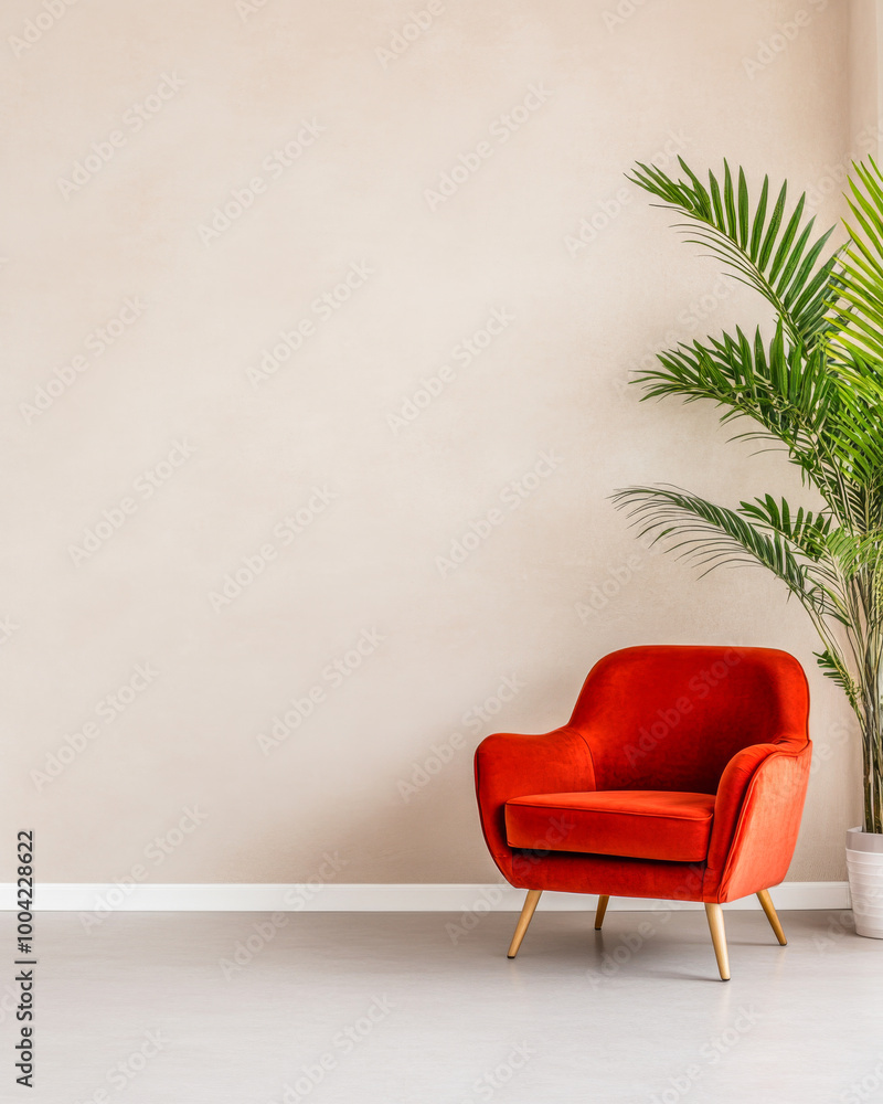 Modern interior featuring a vibrant red armchair beside a lush potted palm plant against a neutral wall background Modern interior featuring a vibrant red armchair beside a lush potted palm plant against a neutral wall background