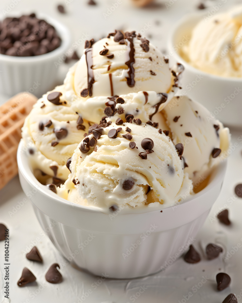 Dollop of chocolate chip vanilla ice cream topped with an icing. Dollop of chocolate chip vanilla ice cream topped with an icing.