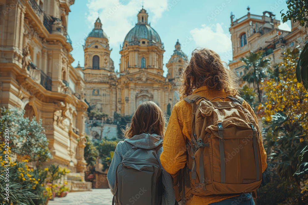 Naklejka premium A family taking a guided tour of a local landmark, learning about its history and significance.