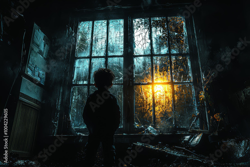 A family home with a broken window and the silhouette of a child standing inside, representing disruption and chaos.