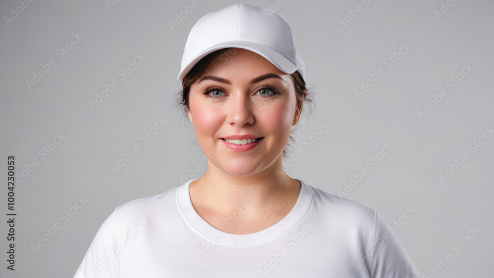 Plus size woman with short hair wearing white t-shirt and white baseball cap isolated on grey background Plus size woman with short hair wearing white t-shirt and white baseball cap isolated on grey background
