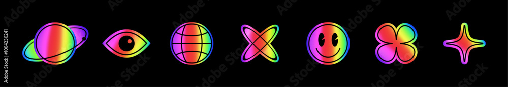 Holographic futuristic emblems and labels.Holographic vector stickers set with symbols and objects in Y2K style. The hologram tags have distinct shapes and vibrant reflect. Holographic futuristic emblems and labels.Holographic vector stickers set with symbols and objects in Y2K style. The hologram tags have distinct shapes and vibrant reflect.