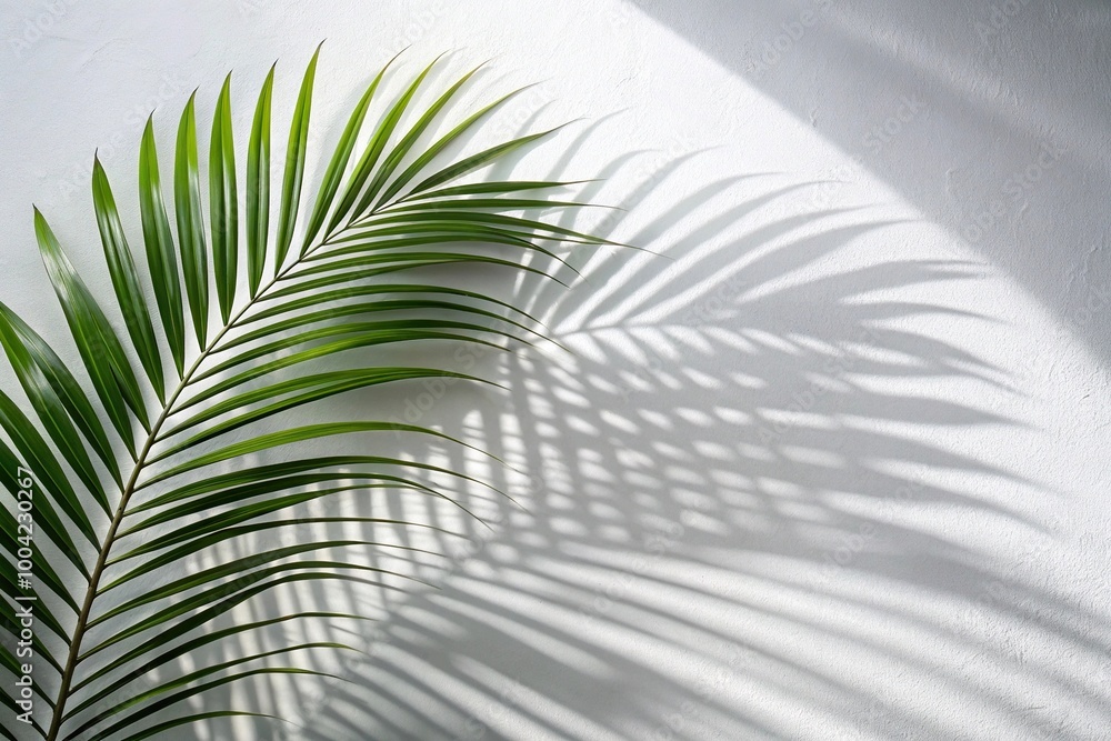 Fototapeta premium Palm leaf shadows on white wall background at eye level.