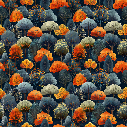 Autumn Trees Pattern in Teal And Yellow Hues