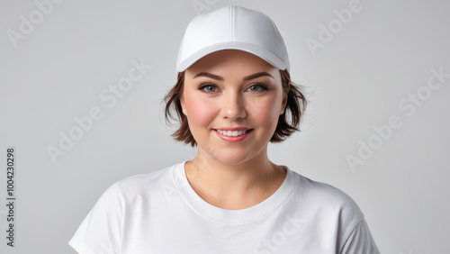 Plus size woman with short hair wearing white t-shirt and white baseball cap isolated on grey background