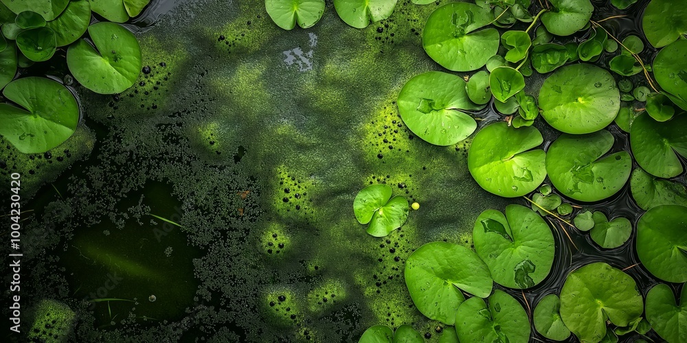 A peaceful pond covered with lush green lily pads, casting a natural symphony and calmness with a touch of aquatic beauty. A peaceful pond covered with lush green lily pads, casting a natural symphony and calmness with a touch of aquatic beauty.