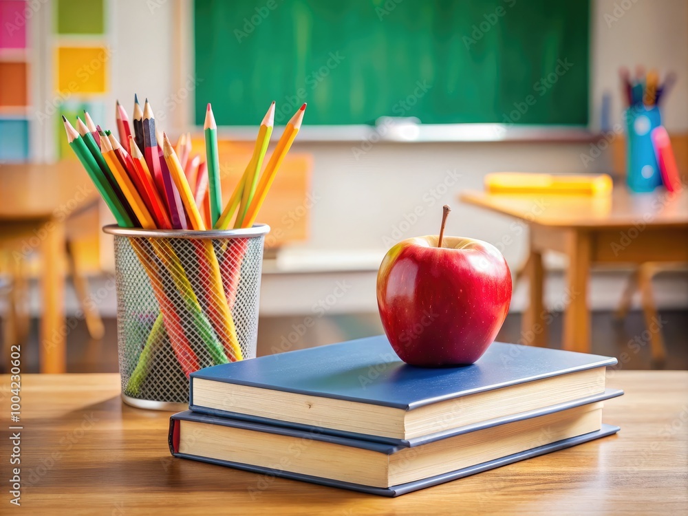 Back to School Essentials with Books, Pencils, and an Apple in a Bright Classroom Setting Back to School Essentials with Books, Pencils, and an Apple in a Bright Classroom Setting