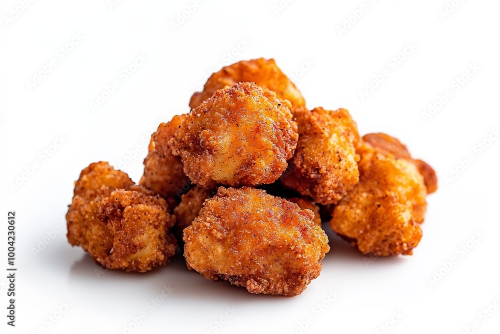 Bite-sized fried popcorn chicken isolated on white background, with a golden crispy coating, lightly seasoned, arranged in a loose pile Bite-sized fried popcorn chicken isolated on white background, with a golden crispy coating, lightly seasoned, arranged in a loose pile