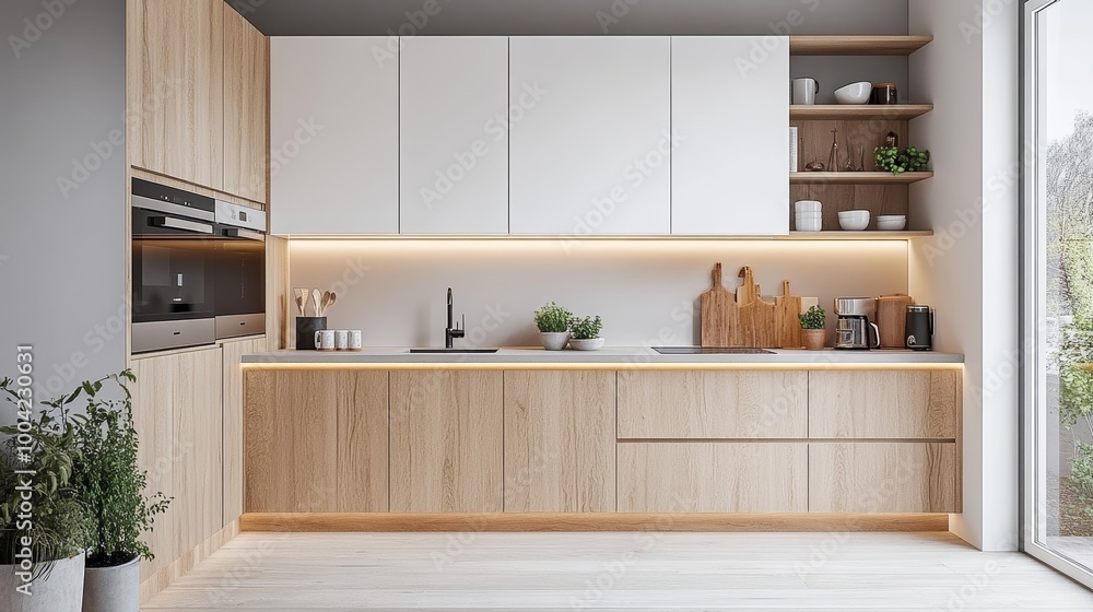 Modern Kitchen Interior Design with Wood Cabinets and White Countertop. Modern Kitchen Interior Design with Wood Cabinets and White Countertop.