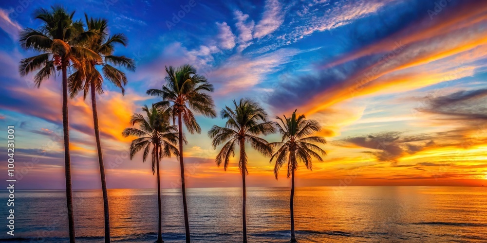 Naklejka premium Palm trees silhouetted against colorful beach sunset over ocean