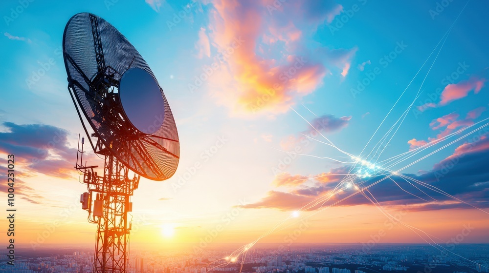 A satellite dish is on top of a tower in the middle of a city A satellite dish is on top of a tower in the middle of a city