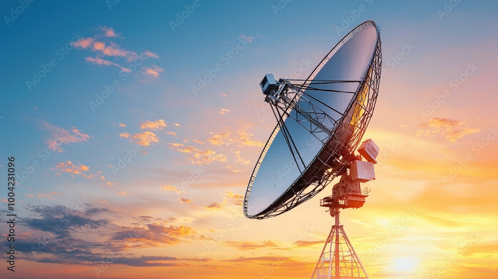 A satellite dish is pointed towards the sky at sunset A satellite dish is pointed towards the sky at sunset