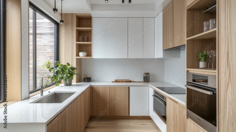 Modern Kitchen Interior Design with White Cabinets and Wooden Accents. Modern Kitchen Interior Design with White Cabinets and Wooden Accents.