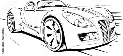 Abstract retro sports car in black and white ink drawing style, adult coloring book