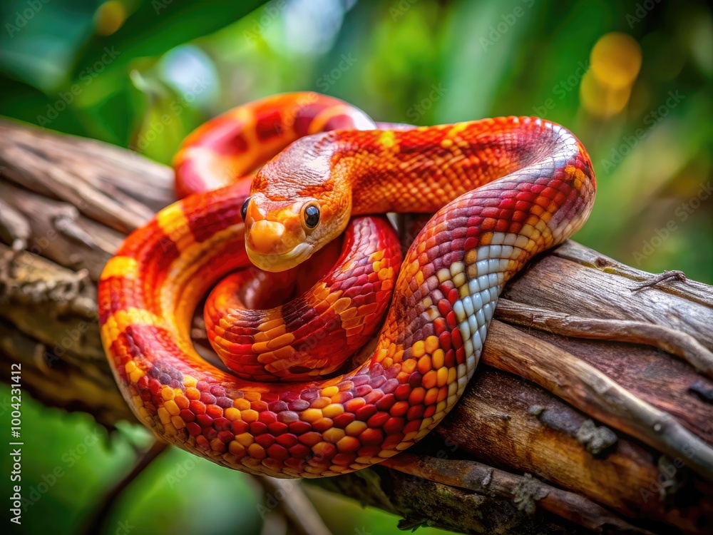 Beautiful Cornsnake Coiled on a Branch with Vibrant Colors in a Naturalistic Habitat Setting Beautiful Cornsnake Coiled on a Branch with Vibrant Colors in a Naturalistic Habitat Setting